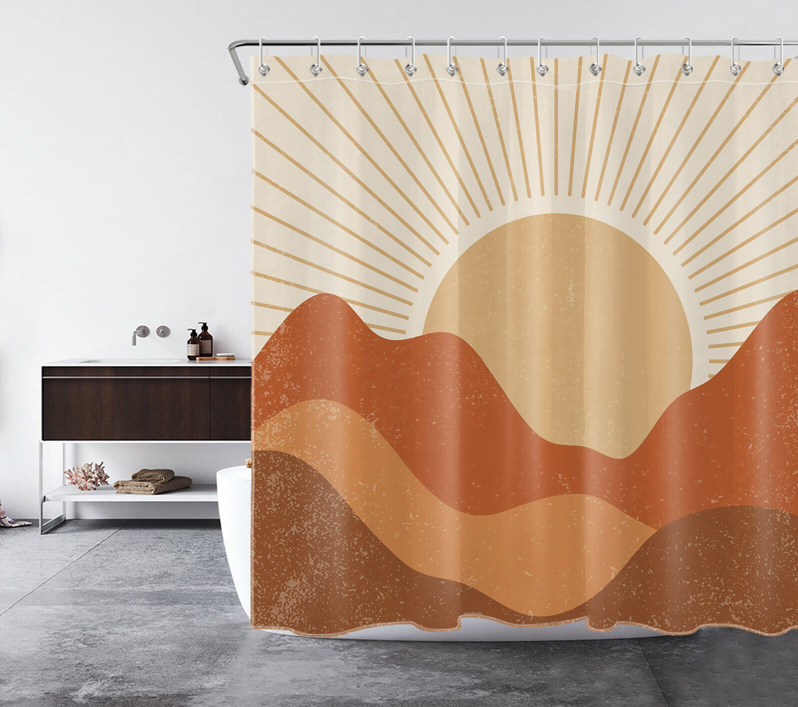 Abstract Mountain Sun Mid Century Retro Shower Curtain for Bathroom Decor