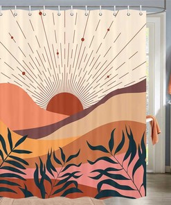 Abstract Mountain Sunset Leaf Leaves Mid Century Shower Curtain for Boho Terracotta Bathroom Decor