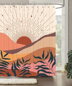 Abstract Mountain Sunset Leaf Leaves Mid Century Shower Curtain for Boho Terracotta Bathroom Decor