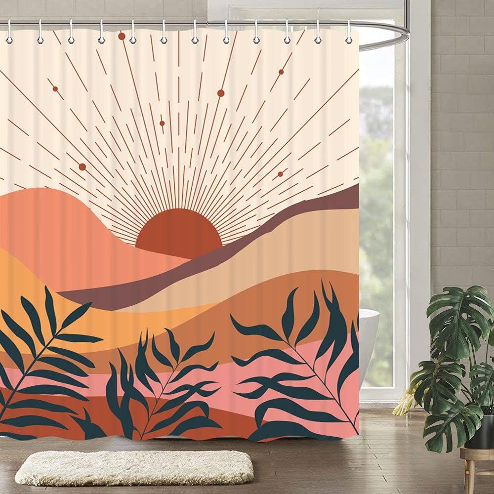 Abstract Mountain Sunset Leaf Leaves Mid Century Shower Curtain for Boho Terracotta Bathroom Decor