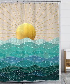 Abstract Nautical Ocean Waves Shower Curtain in Gold and Teal for a Tropical Bathroom