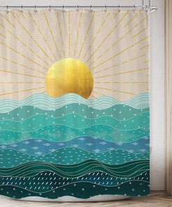 Abstract Nautical Ocean Waves Shower Curtain in Gold and Teal for a Tropical Bathroom