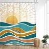 Abstract Ocean Sunrise Shower Curtain With Sea Waves And Sunset Design, Mid Century Modern Aesthetic Bathroom Decor