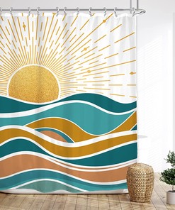Abstract Ocean Sunrise Shower Curtain With Sea Waves And Sunset Design, Mid Century Modern Aesthetic Bathroom Decor