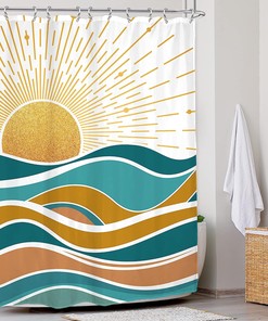 Abstract Ocean Sunrise Shower Curtain With Sea Waves And Sunset Design, Mid Century Modern Aesthetic Bathroom Decor