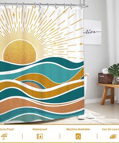 Abstract Ocean Sunrise Shower Curtain With Sea Waves And Sunset Design, Mid Century Modern Aesthetic Bathroom Decor