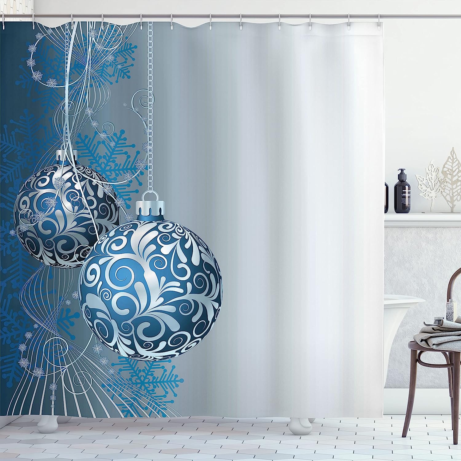 Abstract Pattern Snowflake Motifs Curlicues On Baubles Christmas Shower Curtain - Cloth Fabric Bathroom Decors