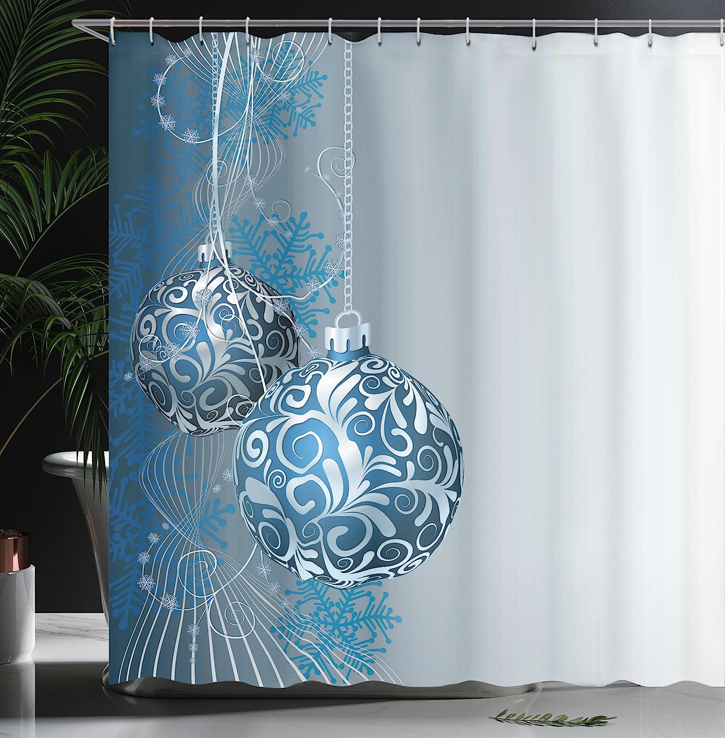 Abstract Pattern Snowflake Motifs Curlicues On Baubles Christmas Shower Curtain - Cloth Fabric Bathroom Decors - Image 3