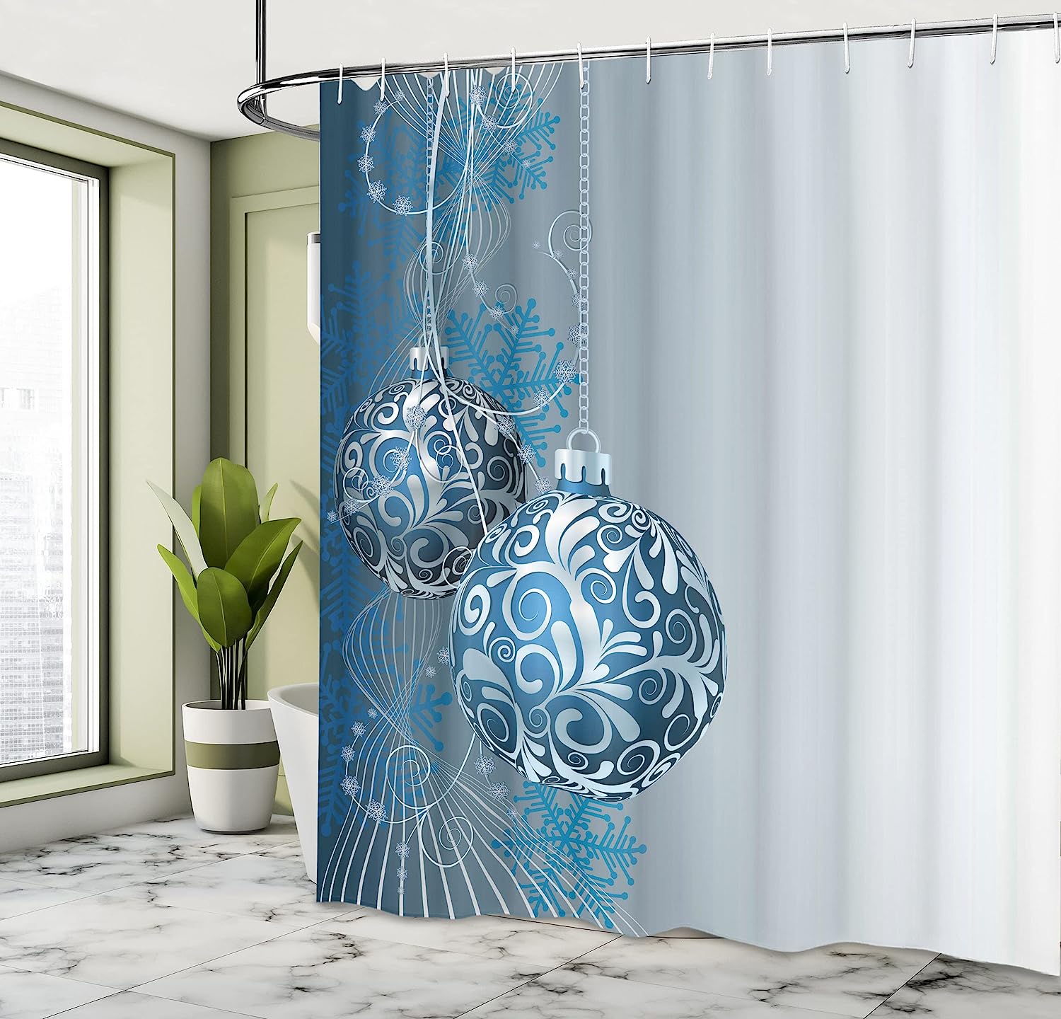 Abstract Pattern Snowflake Motifs Curlicues On Baubles Christmas Shower Curtain - Cloth Fabric Bathroom Decors - Image 4