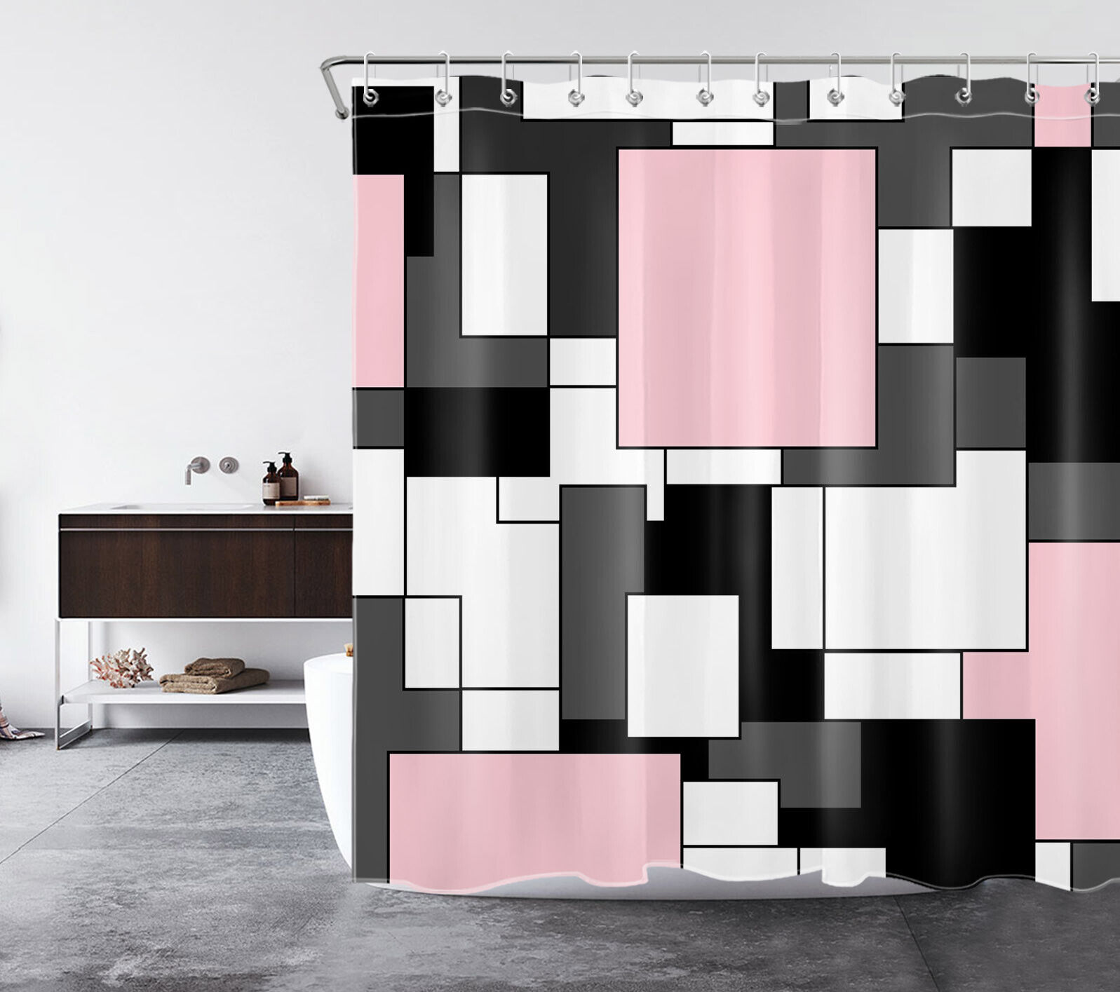 Abstract Pink Geometric Pattern Shower Curtain For Minimalist Bathroom Decor - Image 2