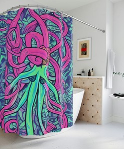 Abstract Purple Octopus Print on Modern AI Art Shower Curtain Design