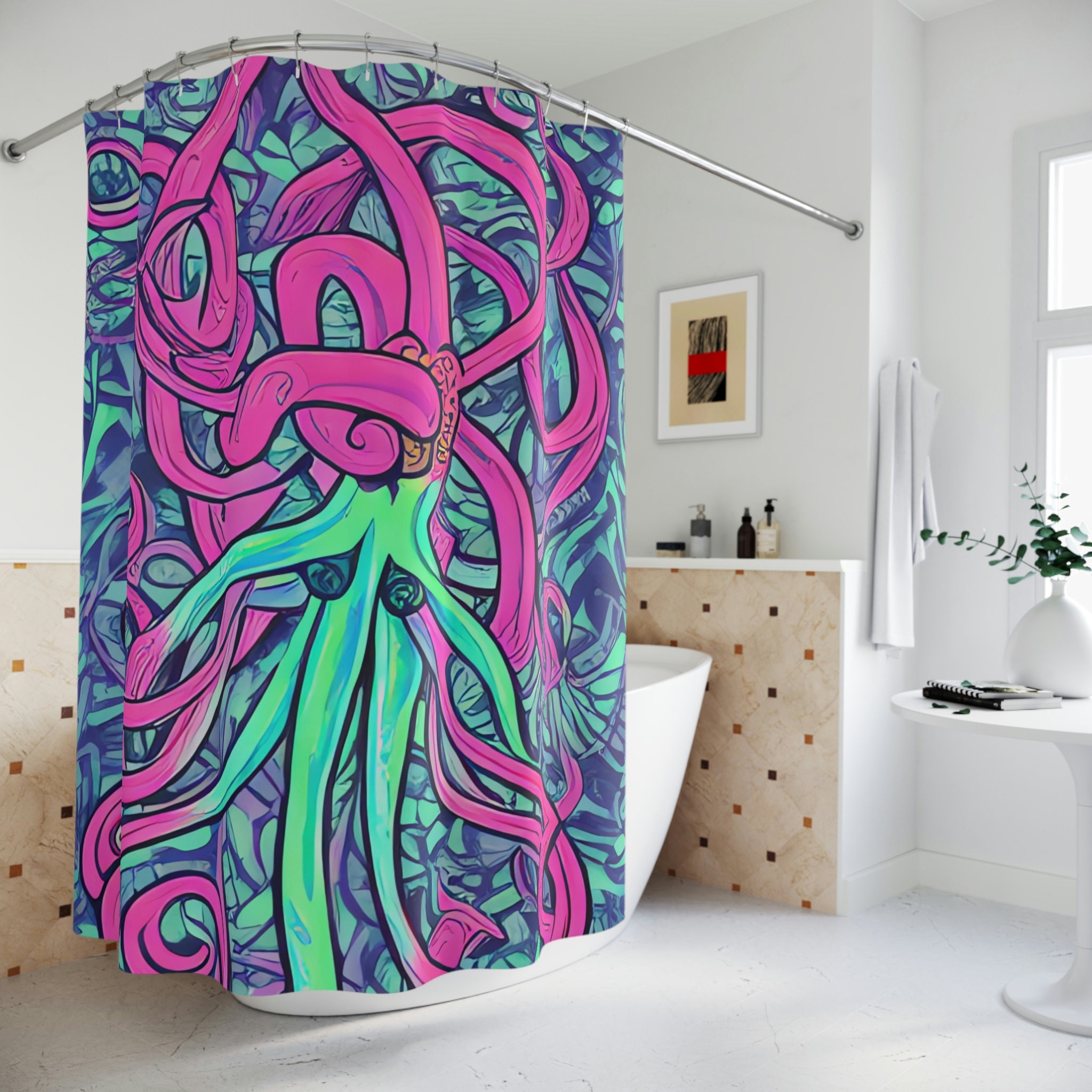 Abstract Purple Octopus Print on Modern AI Art Shower Curtain Design