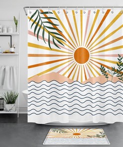 Abstract Rainbow Sun Shower Curtain with Plant Print for Bathroom Accessories