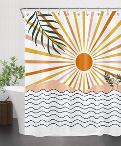 Abstract Rainbow Sun Shower Curtain with Plant Print for Bathroom Accessories