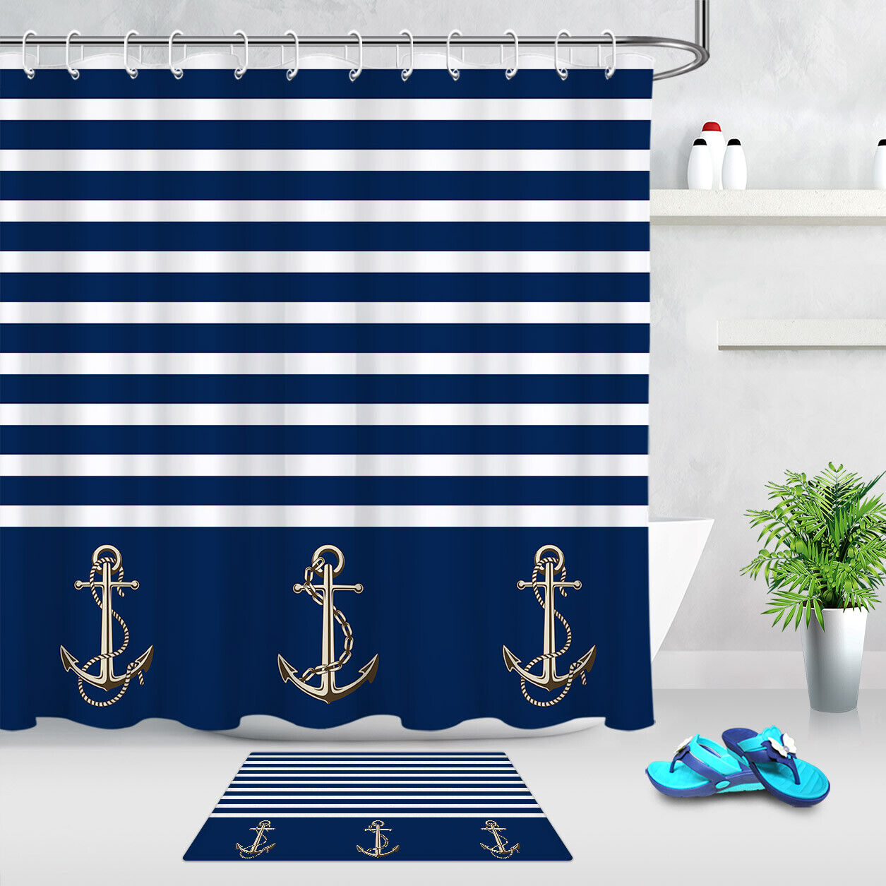 Abstract Sailor Blue Striped Shower Curtain With Unique Design For Bathroom Decor