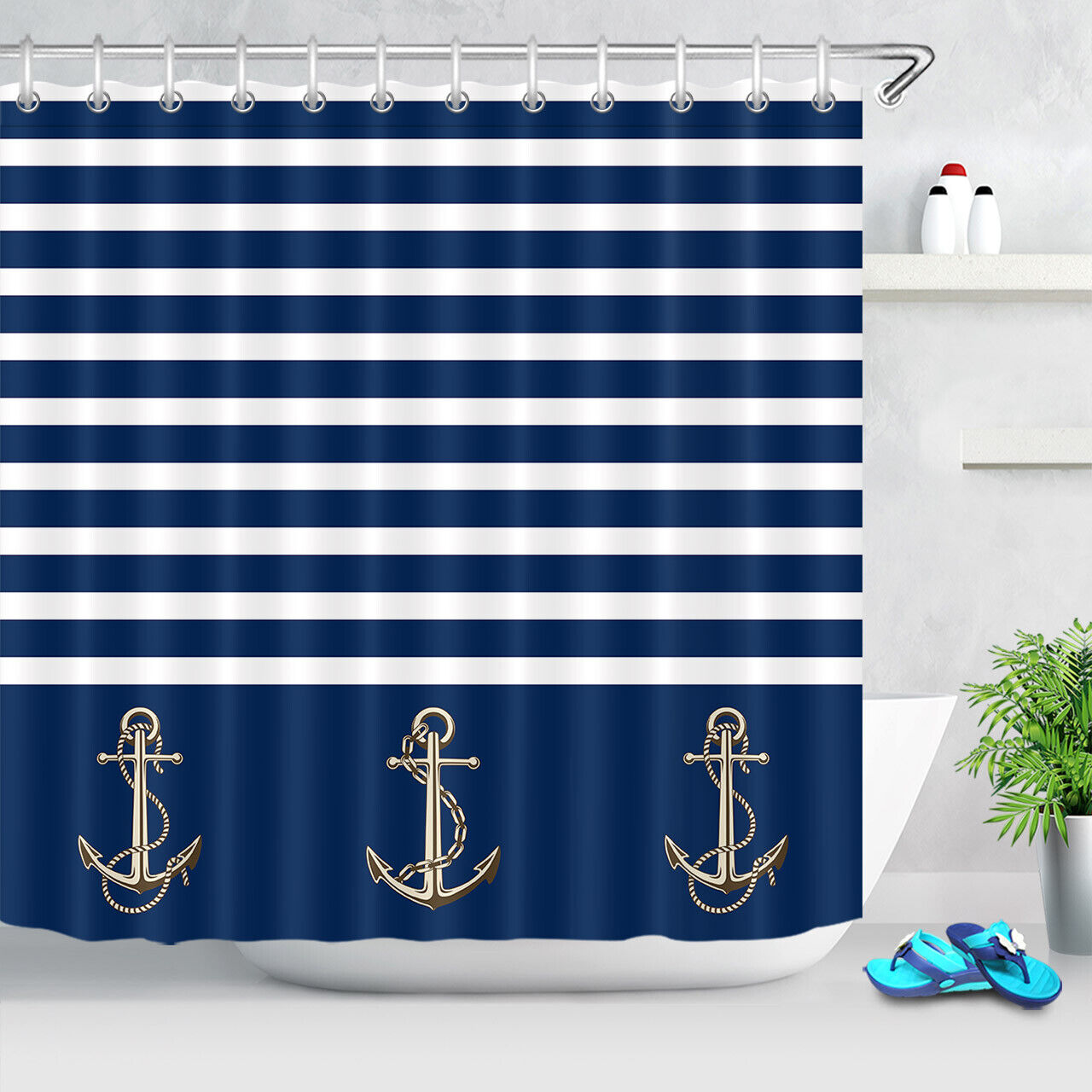 Abstract Sailor Blue Striped Shower Curtain With Unique Design For Bathroom Decor - Image 2