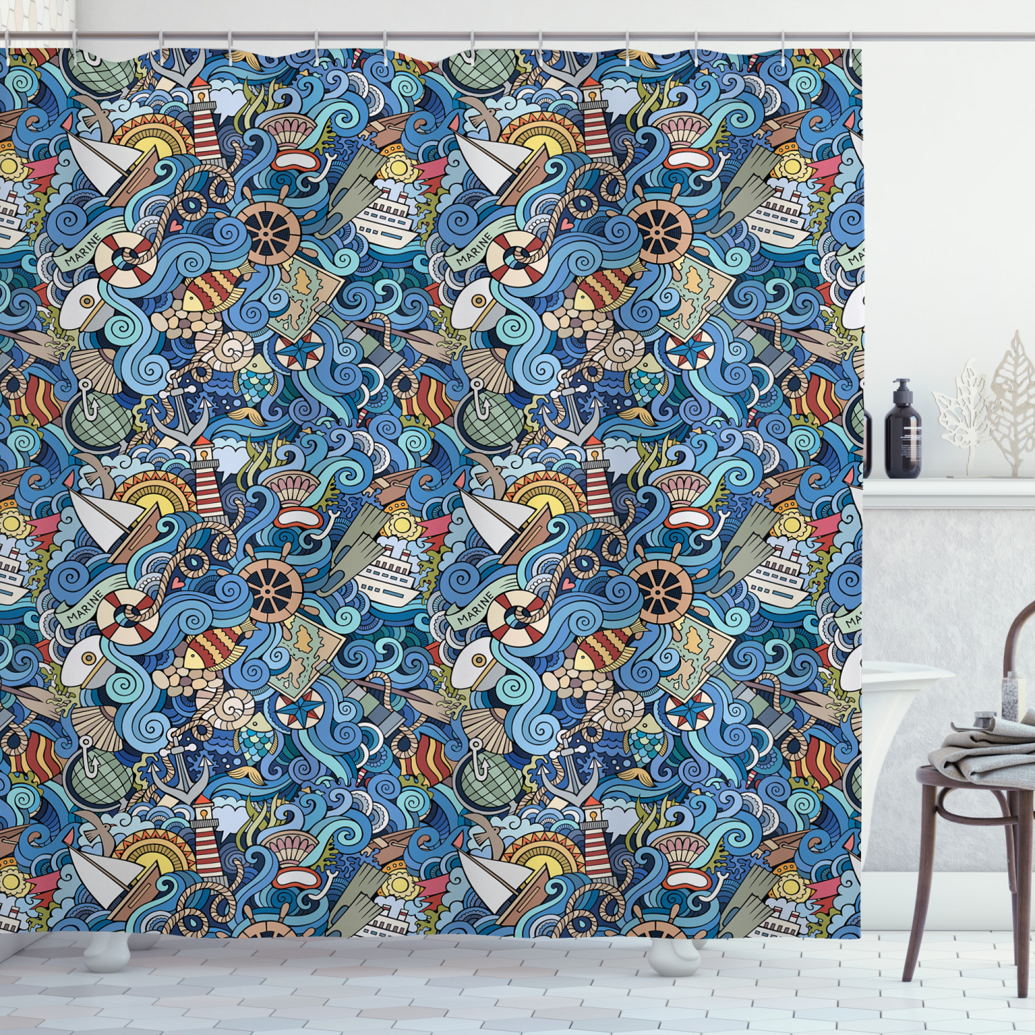 Abstract Sea Shells Print Colorful Shower Curtain For A Beachy Theme In Bathroom