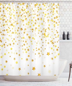 Abstract Shower Curtain - Sparsed Dreamy Stars And Spots Geometric Design - Cloth Fabric Bathroom Decorr