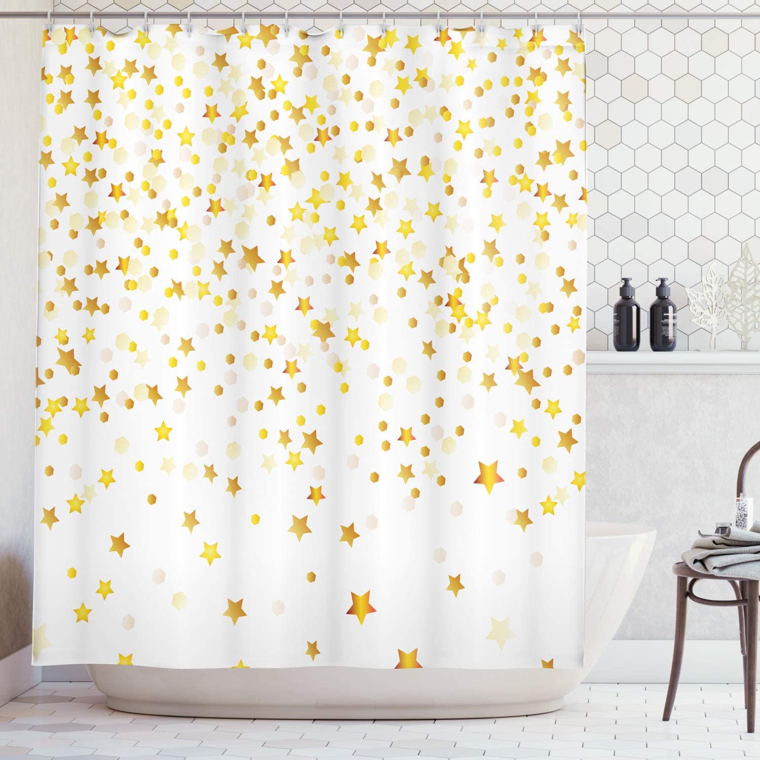 Abstract Shower Curtain - Sparsed Dreamy Stars And Spots Geometric Design - Cloth Fabric Bathroom Decorr