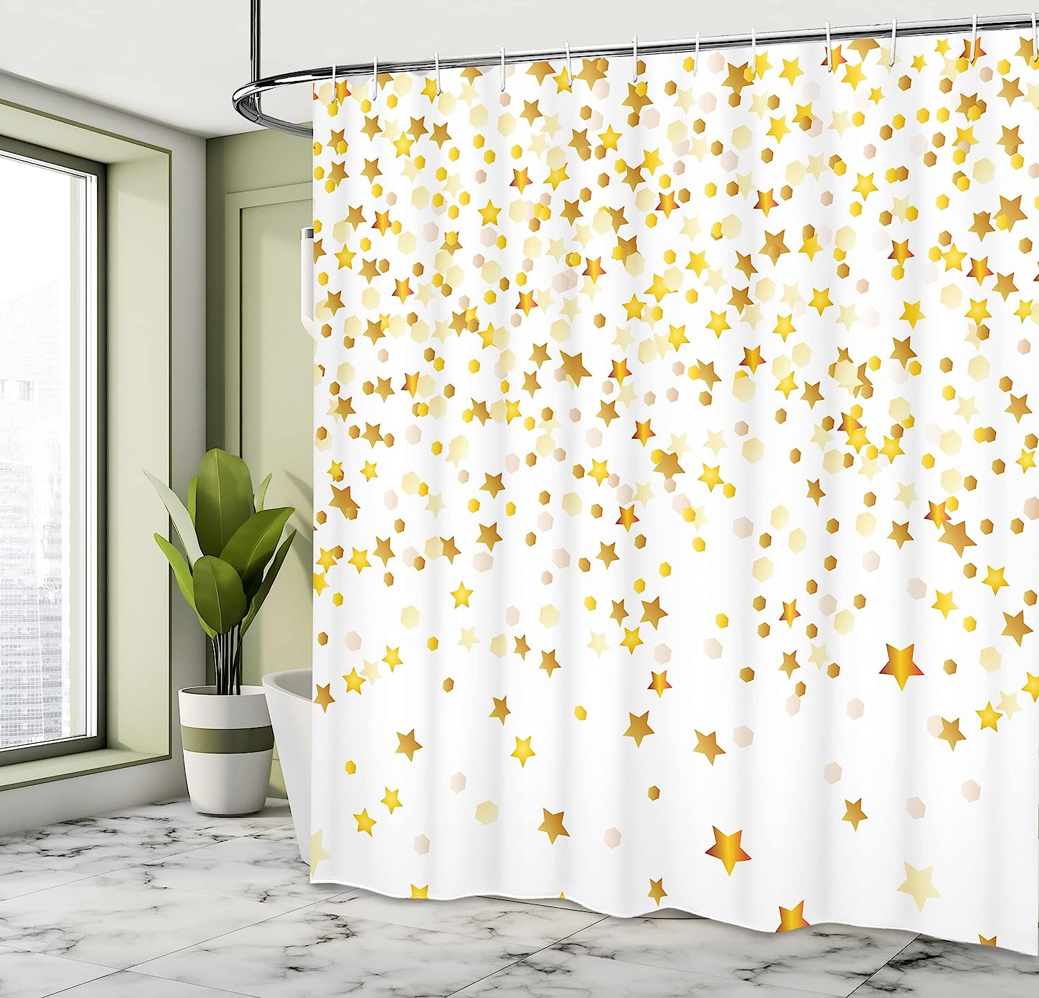Abstract Shower Curtain - Sparsed Dreamy Stars And Spots Geometric Design - Cloth Fabric Bathroom Decorr - Image 4