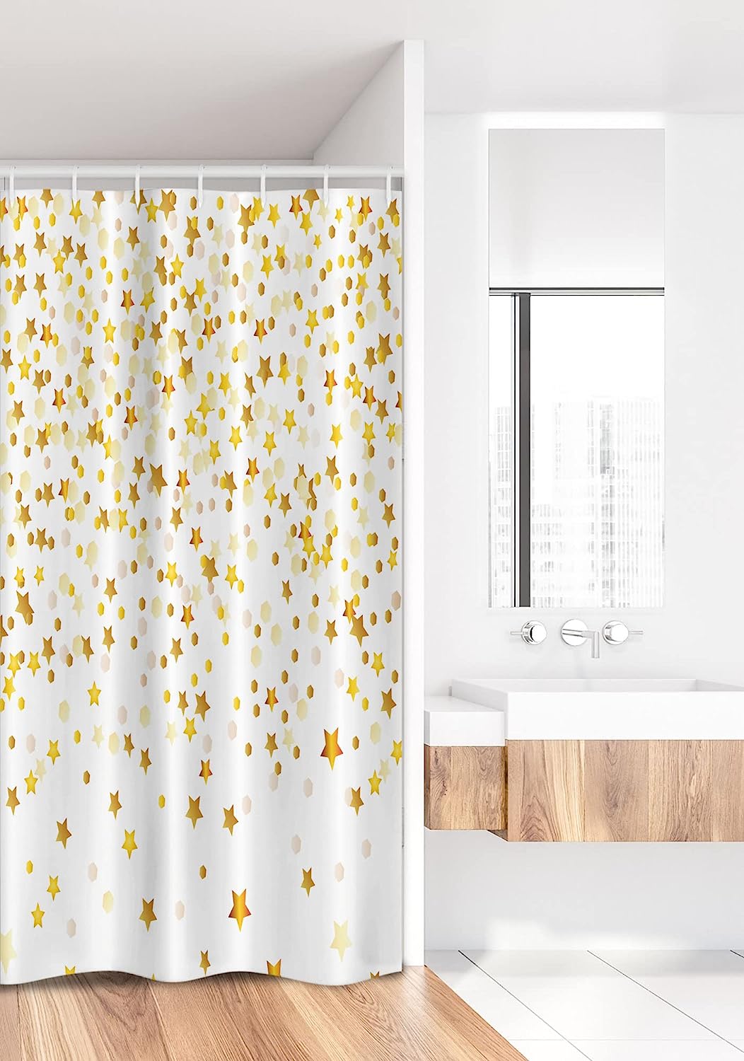 Abstract Stall Shower Curtain - Sparsed Dreamy Stars And Spots Geometric Design - Fabric Bathroom Decorr - Image 2