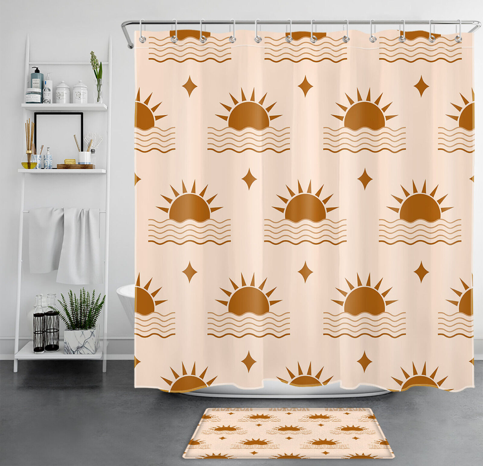 Abstract Star Ocean Sun Mid Century Retro Shower Curtain for Bathroom Decor
