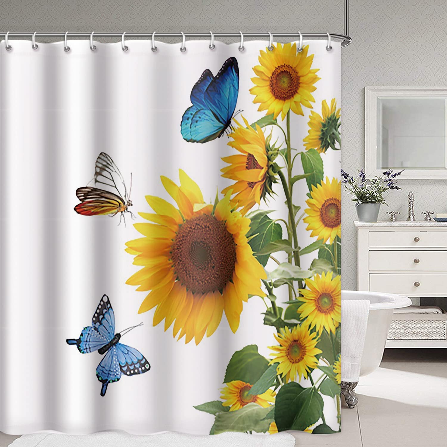 Abstract Sunflowers and Butterflies Renaiss Shower Curtain for Bathroom Decor