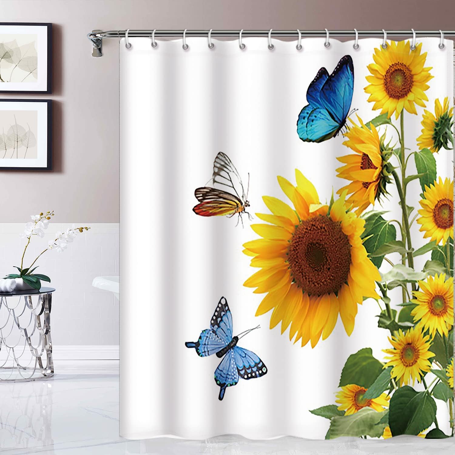 Abstract Sunflowers and Butterflies Renaiss Shower Curtain for Bathroom Decor