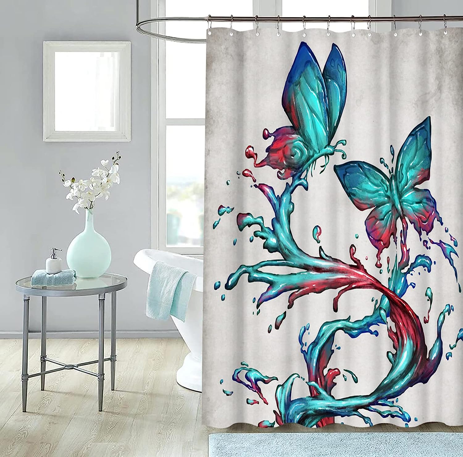 Abstract Teal Butterfly Shower Curtain - Colorful Bathroom Accessory - Image 2