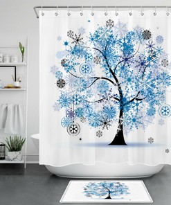 Abstract Tree Blue Ice Crystal Snowflakes Shower Curtain Set For Serene And Peaceful Bathroom Decor