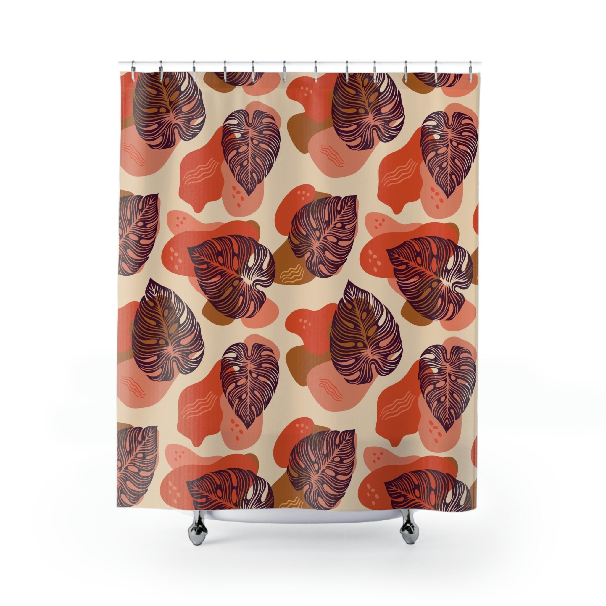 Abstract Tropical Leaf Print Shower Curtain for Modern Boho Bathroom Decor
