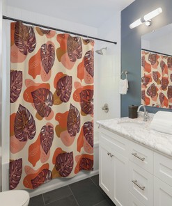 Abstract Tropical Leaf Print Shower Curtain for Modern Boho Bathroom Decor