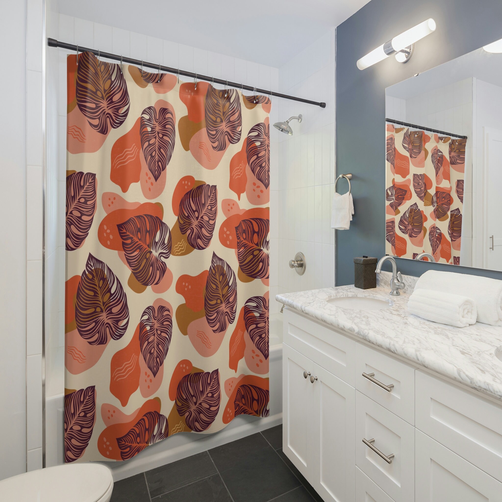 Abstract Tropical Leaf Print Shower Curtain for Modern Boho Bathroom Decor