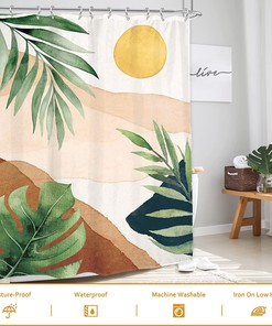 Abstract Tropical Leaf Shower Curtain With Minimalist Geometric Design, Waterproof Fabric For Bathroom Decor