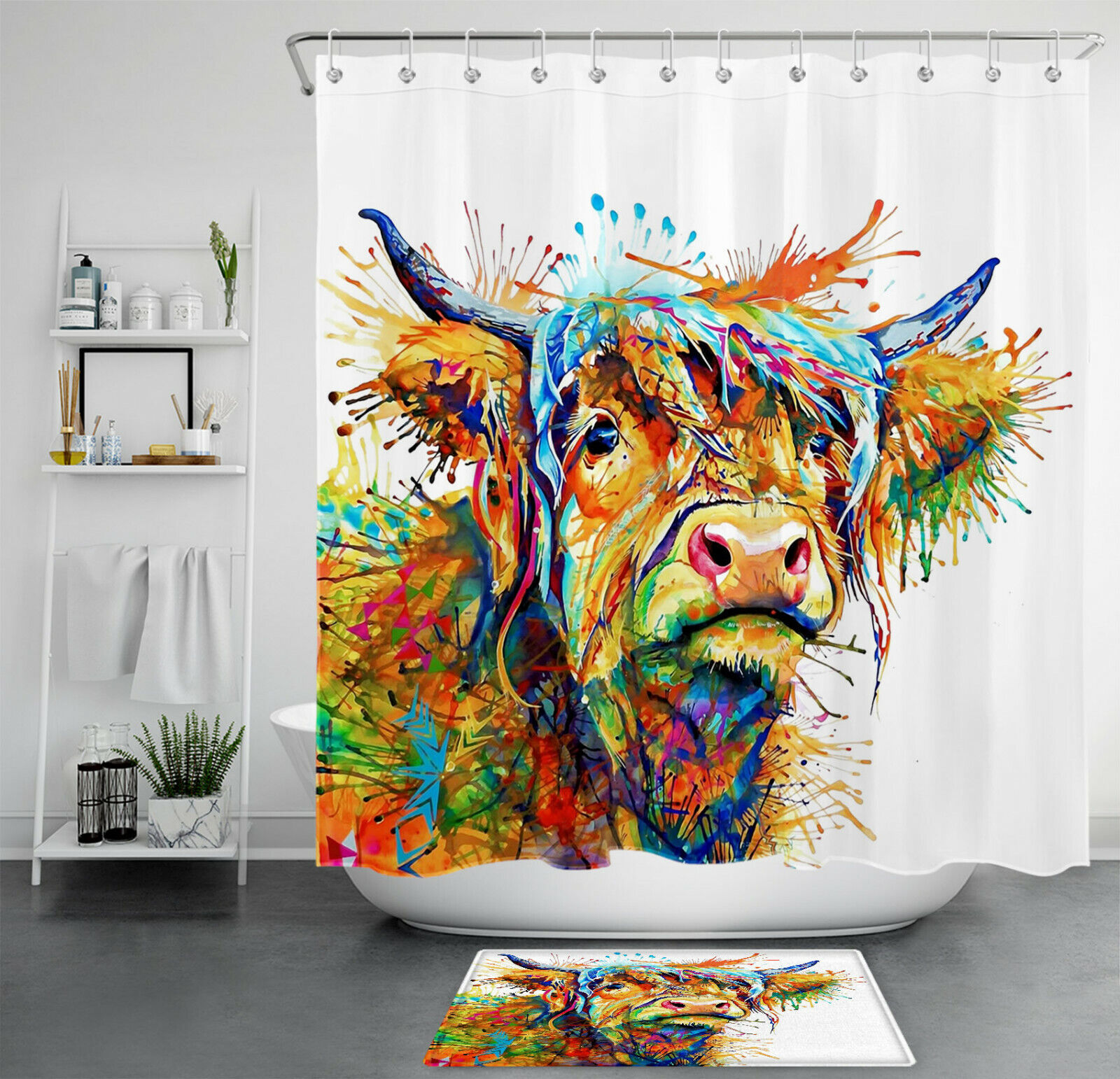 Abstract Watercolor Cow Shower Curtain Farm Animal Color
