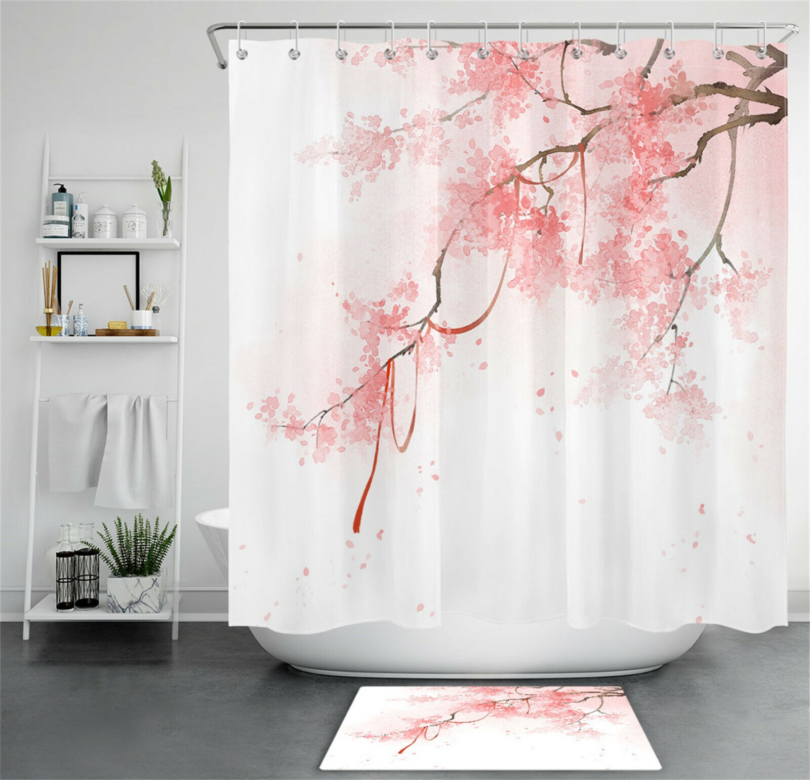 Abstract Watercolor Red Leaves Tree Shower Curtain Set For Nature-Inspired Home Bathroom Decor