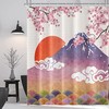 Abstract Waves Spring Cherry Blossom Shower Curtain with Fuji Mountains and Red Sun Design for Bathroom Decorations