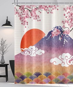 Abstract Waves Spring Cherry Blossom Shower Curtain with Fuji Mountains and Red Sun Design for Bathroom Decorations