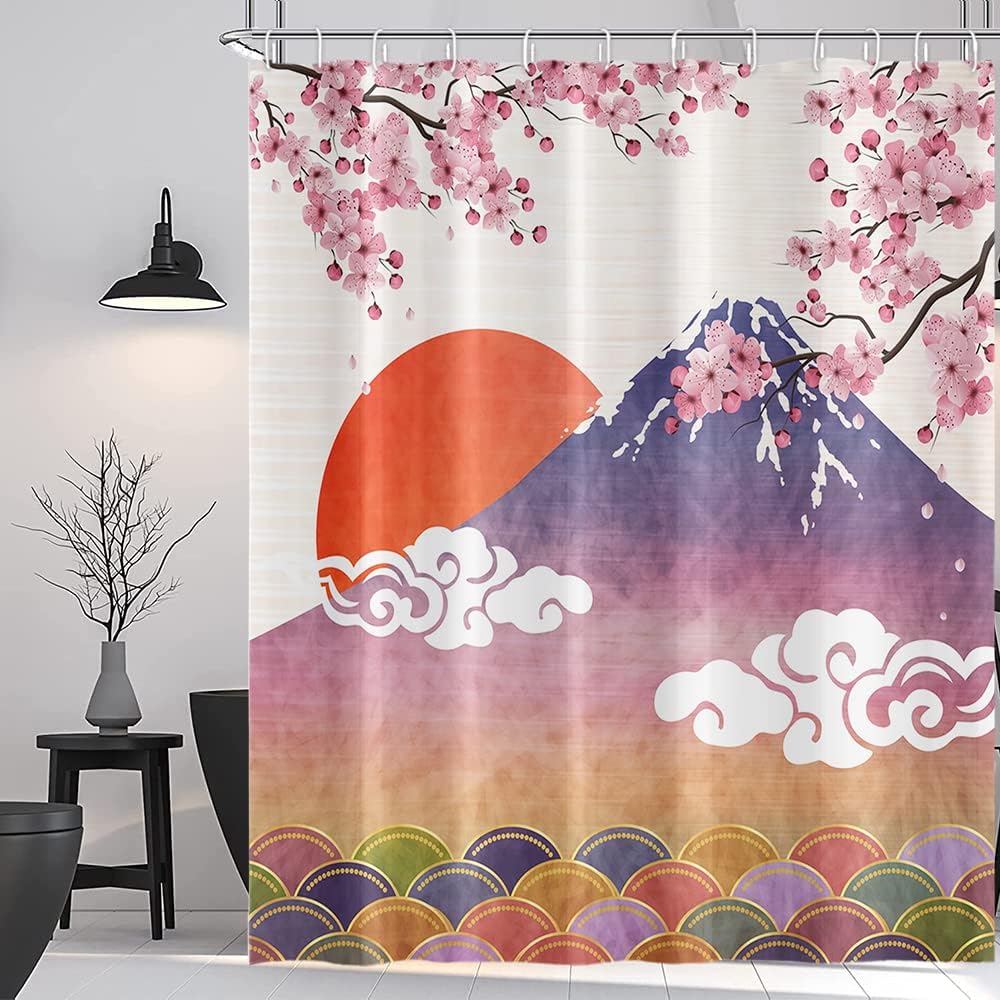 Abstract Waves Spring Cherry Blossom Shower Curtain with Fuji Mountains and Red Sun Design for Bathroom Decorations