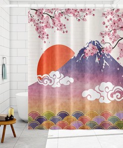 Abstract Waves Spring Cherry Blossom Shower Curtain with Fuji Mountains and Red Sun Design for Bathroom Decorations