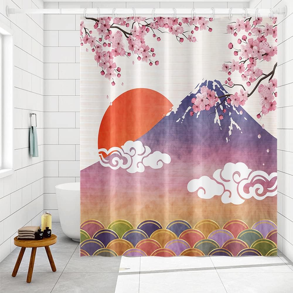 Abstract Waves Spring Cherry Blossom Shower Curtain with Fuji Mountains and Red Sun Design for Bathroom Decorations