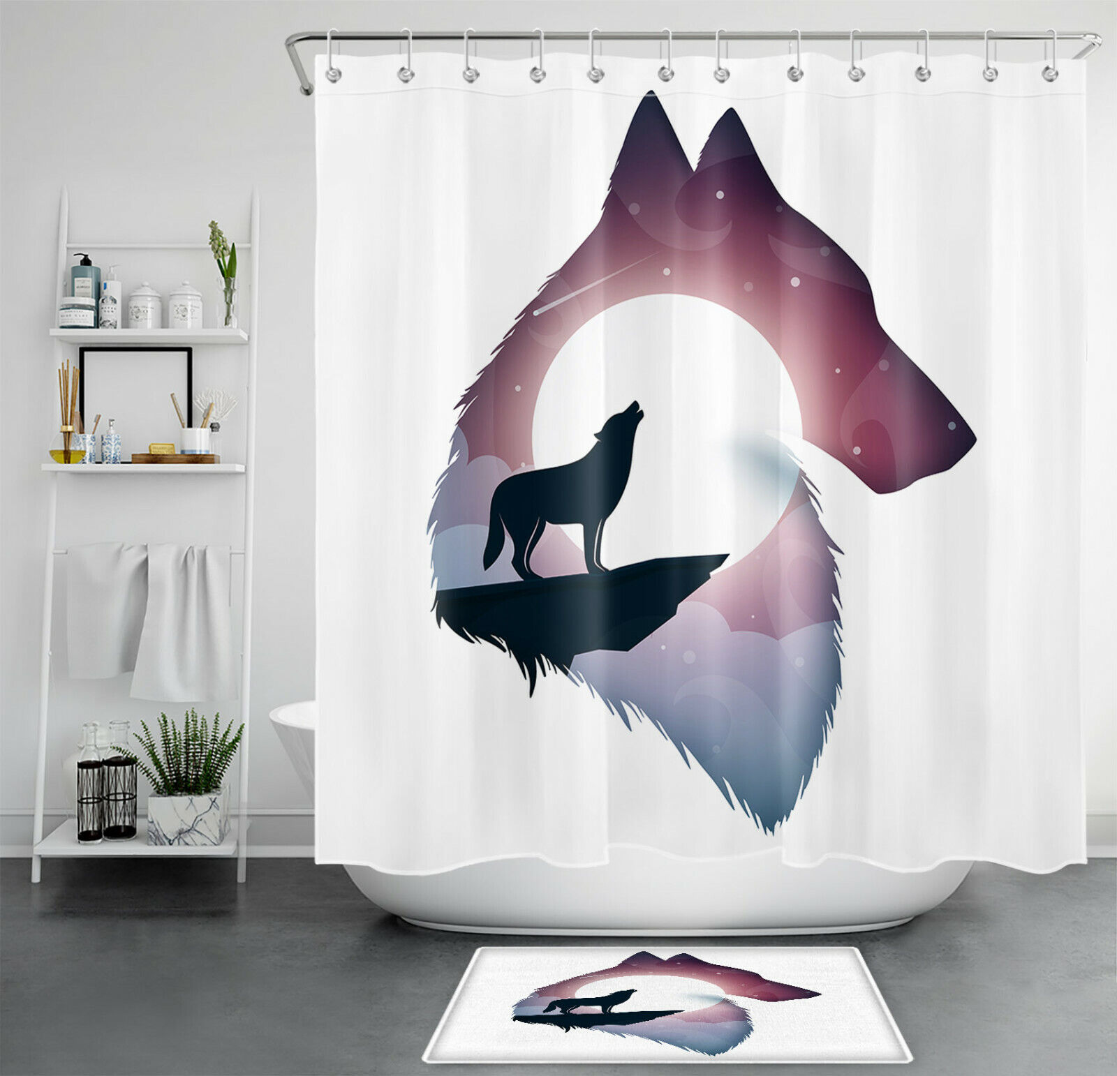 Abstract Wolf And Moon Shower Curtain - Surreal Bathroom Decor