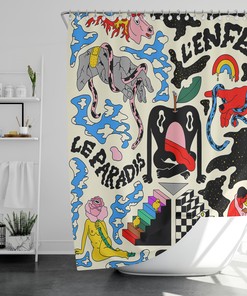 Abstract and Colorful Shower Curtain with Original Pattern by Artist PONY for a Unique and Artistic Bathroom