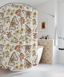 Achieve Boho Chic Aesthetic With Floral Boho Butterfly Botanical Pattern Fabric Shower Curtain Set