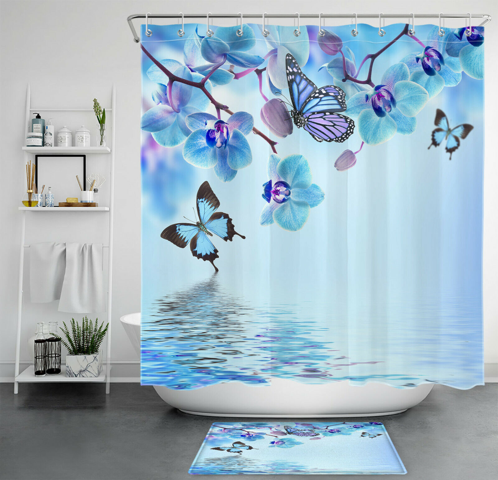 Add A Fun And Whimsical Touch To Your Bathroom With A Flower Butterfly Shower Curtain With Dream Water Ripple Design