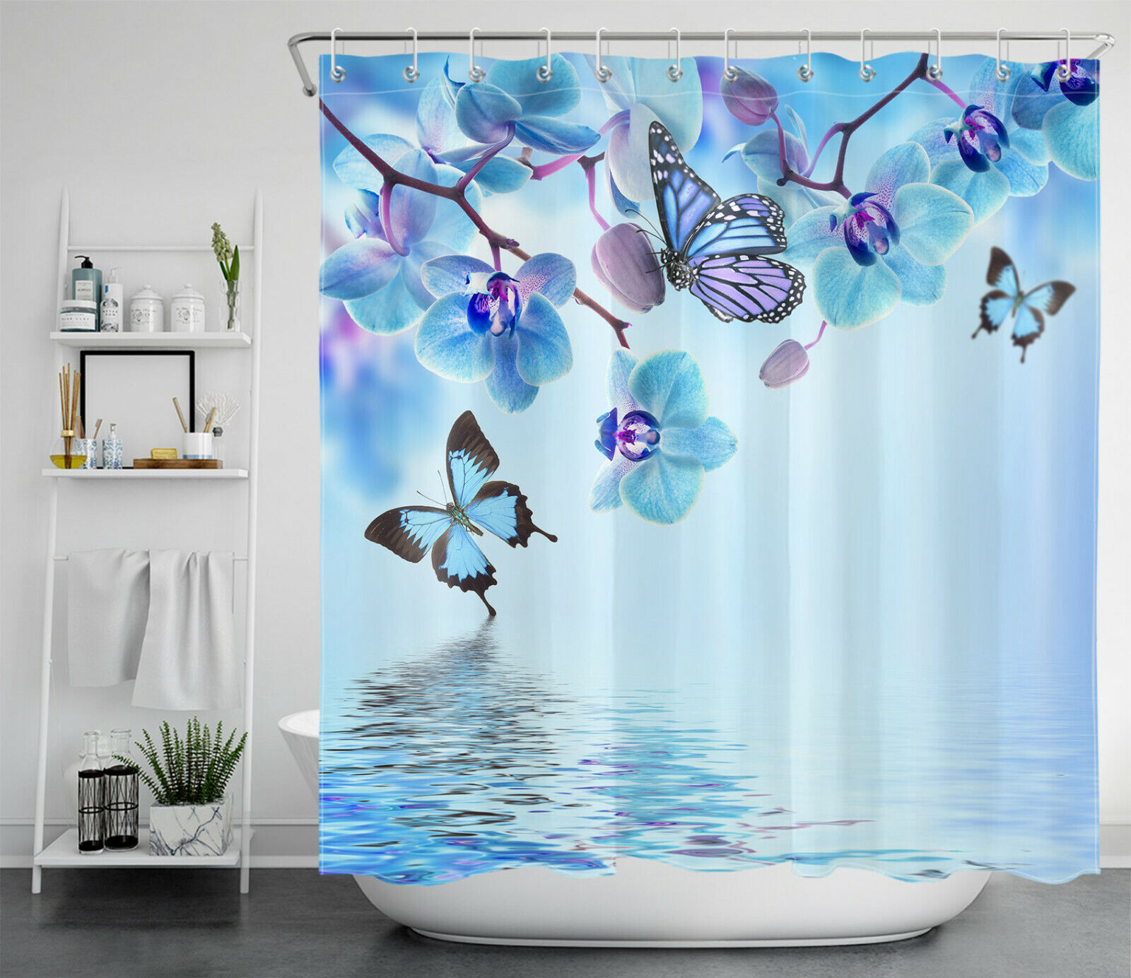 Add A Fun And Whimsical Touch To Your Bathroom With A Flower Butterfly Shower Curtain With Dream Water Ripple Design