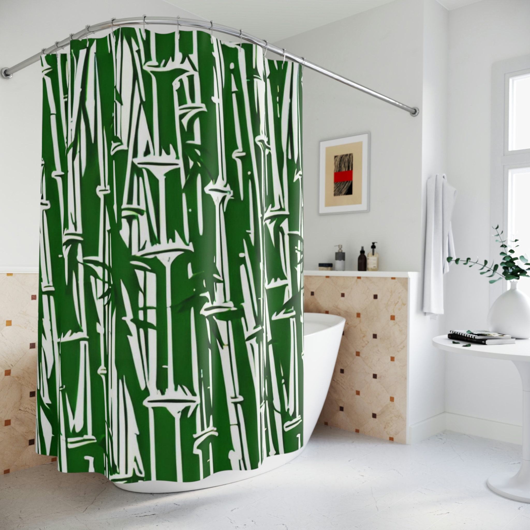 Add A Modern Twist To Your Bathroom With This Bamboo Shower Curtain And Ai Art Print