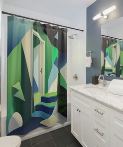 Add A Modernist Touch To Your Bathroom With Cubist Oasis Shower Curtain