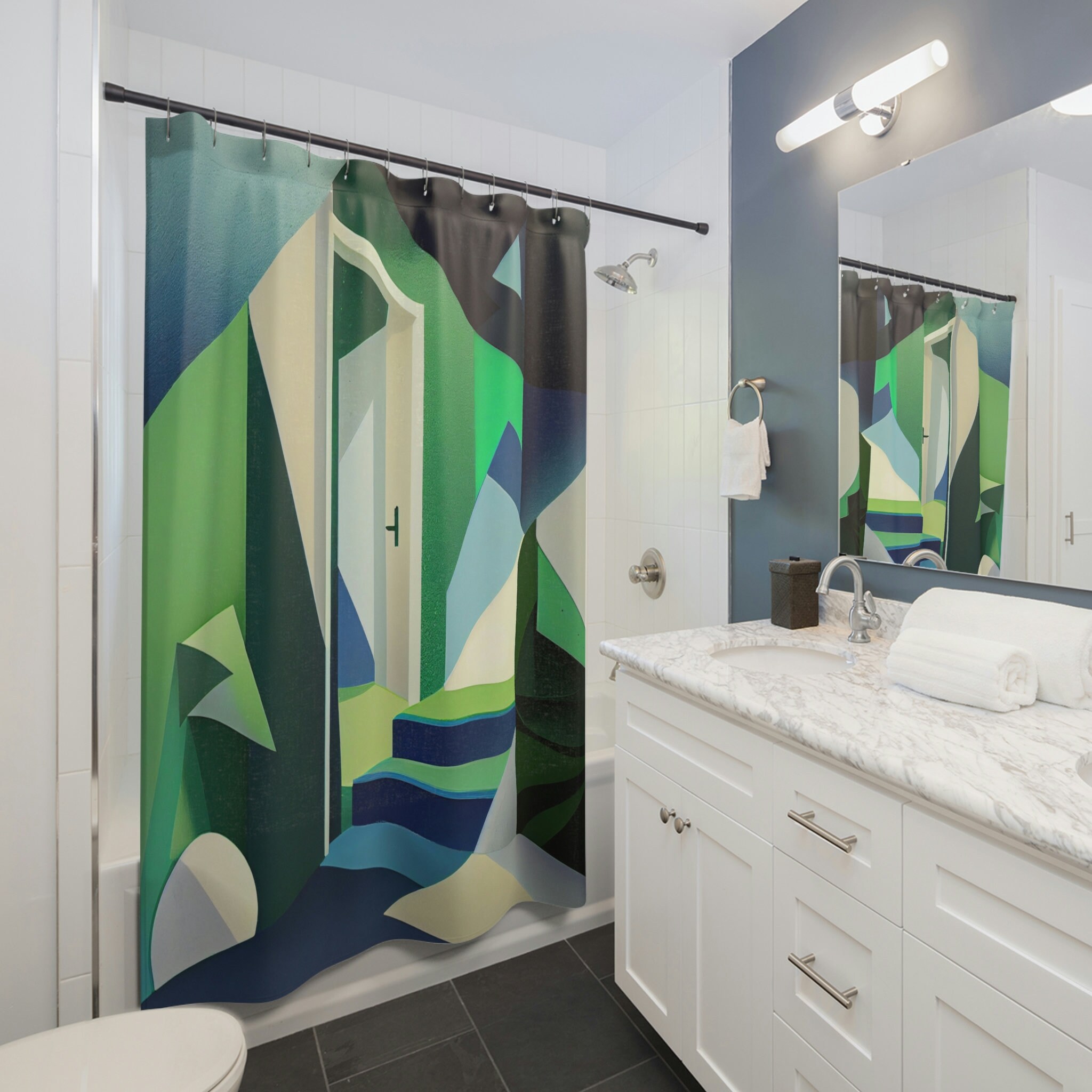 Add A Modernist Touch To Your Bathroom With Cubist Oasis Shower Curtain