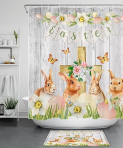 Add A Playful And Fun Touch To Your Bathroom With A Flower Rabbit Easter Egg Rustic Retro Shower Curtain